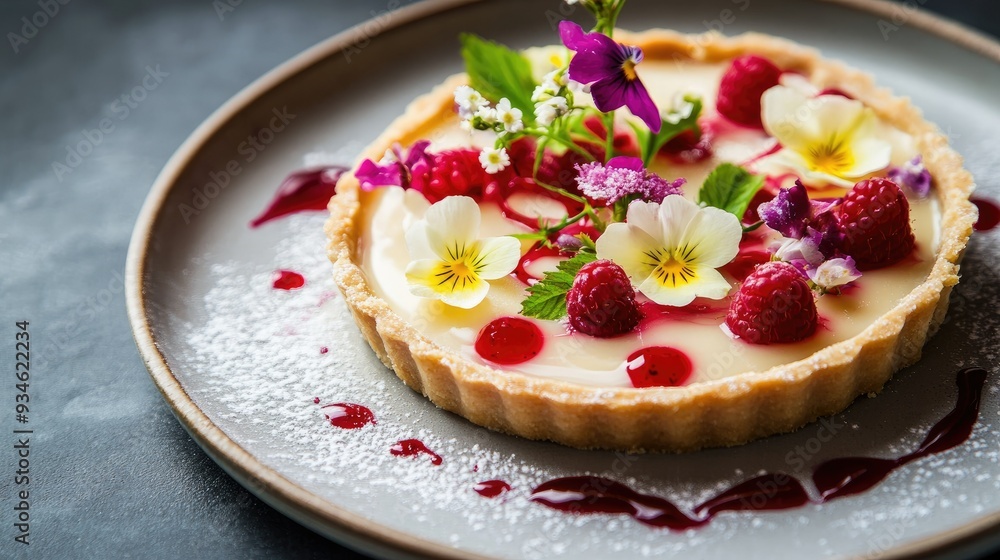 A white chocolate tart with a crisp crust and smooth filling, garnished with edible flowers and a drizzle of raspberry sauce. A white chocolate tart with a crisp crust and smooth filling, garnished with edible flowers and a drizzle of raspberry sauce.
