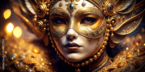 Close up of a Venetian carnival mask with intricate golden details and glittery costume, focusing on the eyes