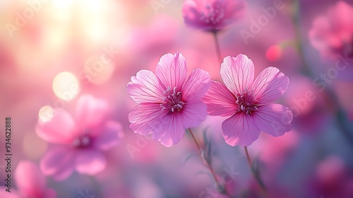 Two pink flowers with blurred background at sunset.