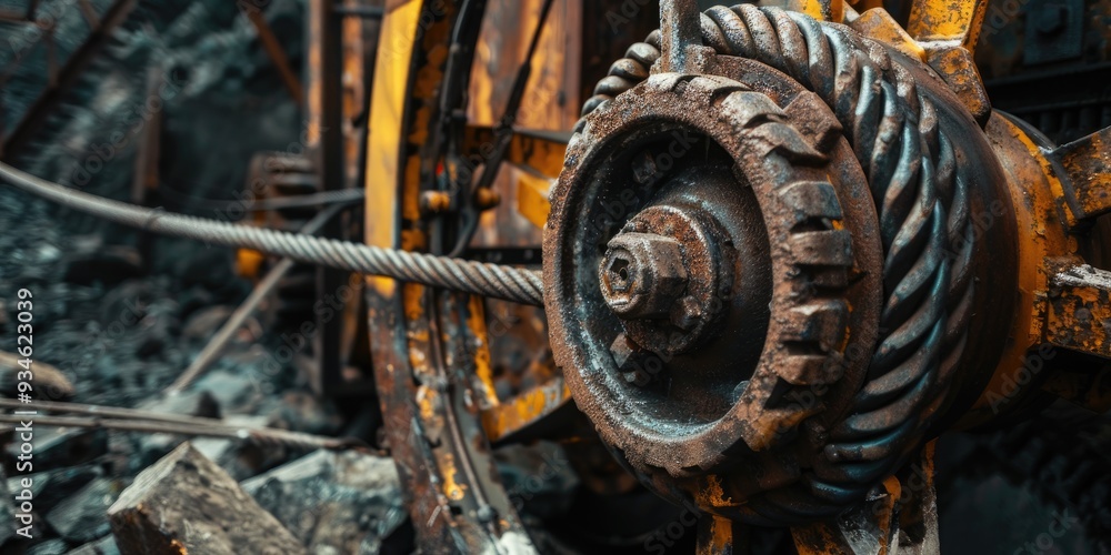 Close up of metal wheel with cable on abandoned equipment for coal mining Close up of metal wheel with cable on abandoned equipment for coal mining