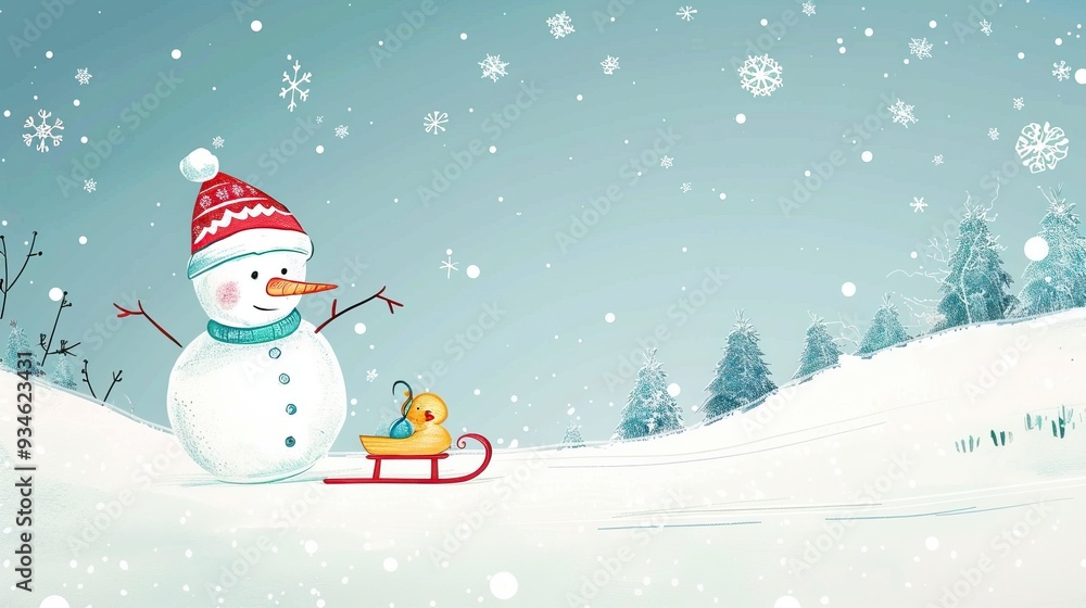 Obraz premium Snowman with a Duck Riding a Sled in a Winter Wonderland