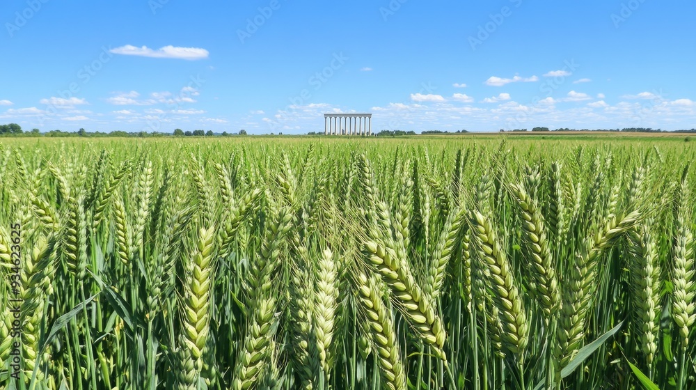 Naklejka premium A wide shot of green wheat growing in a field with a tribune structure visible in the background. The young wheat symbolizes new beginnings and growth.