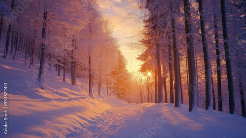 Fototapeta Naklejka Na Ścianę i Meble -  A winter mountain forest in Bieszczady, Poland, with snow-covered trees and a vibrant sunset painting the sky in warm colors.