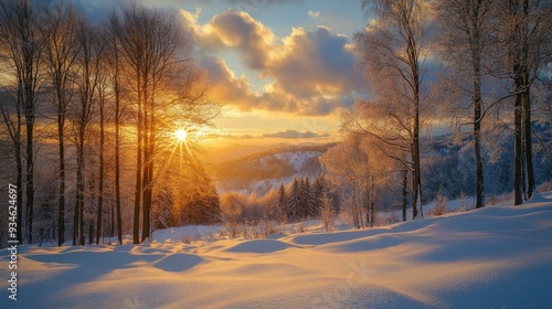 Wallpaper Mural A winter mountain forest in Bieszczady, Poland, blanketed in snow and bathed in the warm, golden glow of a stunning sunset.7ca2e68d3b29 Torontodigital.ca