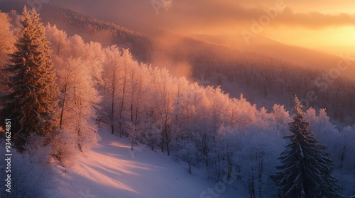 Wallpaper Mural A winter mountain forest in Bieszczady, with snow-covered trees and a stunning sunset casting warm hues over the landscape. Torontodigital.ca
