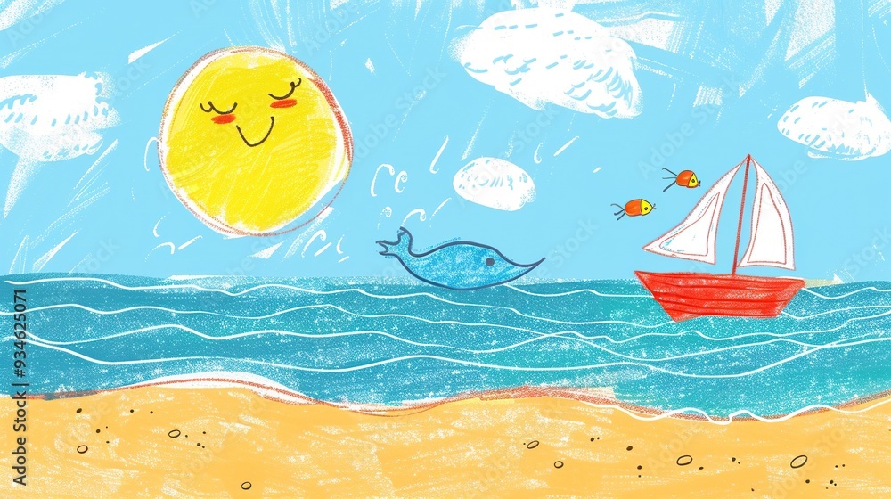 A Child's Drawing of a Smiling Sun Over the Ocean with a Sailboat A Child's Drawing of a Smiling Sun Over the Ocean with a Sailboat