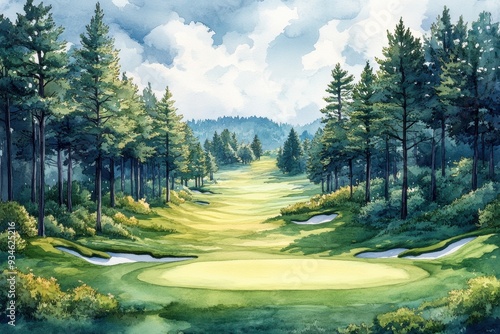 Watercolor Golf Course with Hand-Painted Trees and Winding Fairway