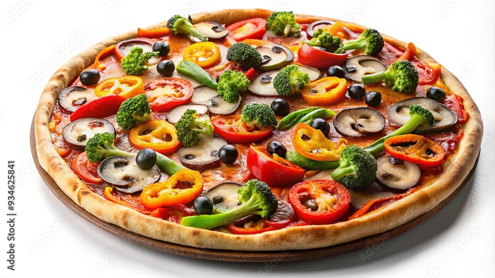 Vegetarian pizza cutout with colorful toppings of bell peppers, mushrooms, olives, and broccoli on a white background Vegetarian pizza cutout with colorful toppings of bell peppers, mushrooms, olives, and broccoli on a white background