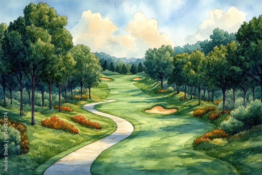Watercolor Golf Course with Hand-Painted Trees and Winding Fairway Watercolor Golf Course with Hand-Painted Trees and Winding Fairway