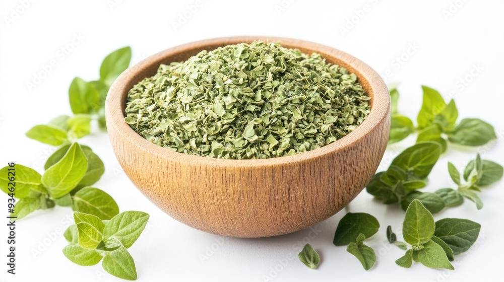 A wooden bowl of dried oregano flakes, isolated on a white background, with fresh oregano leaves arranged around the bowl for a balanced composition. A wooden bowl of dried oregano flakes, isolated on a white background, with fresh oregano leaves arranged around the bowl for a balanced composition.