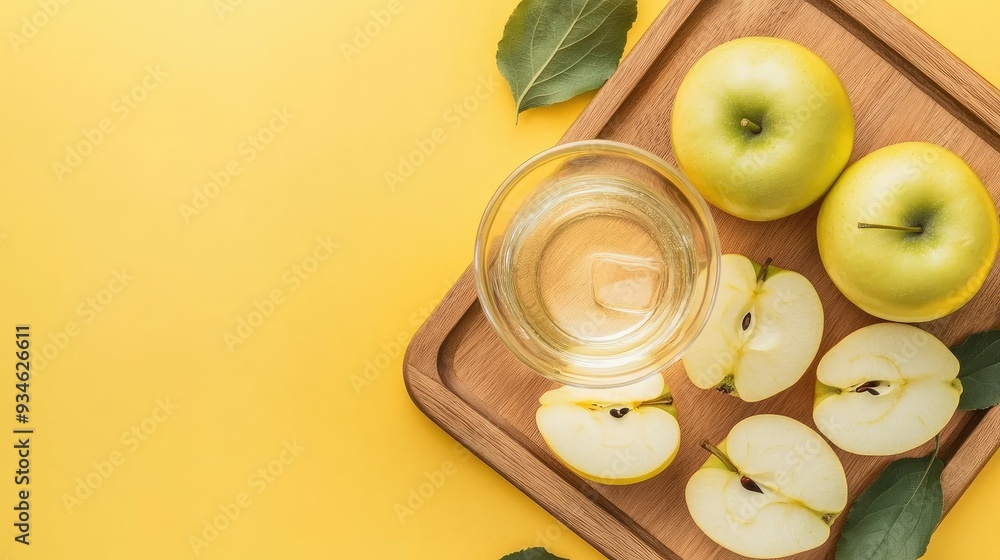 A wooden tray sits atop neatly arranged apple halves with a glass of detox water, all set against a yellow background. The apples highlight the vitamin C content. A wooden tray sits atop neatly arranged apple halves with a glass of detox water, all set against a yellow background. The apples highlight the vitamin C content.