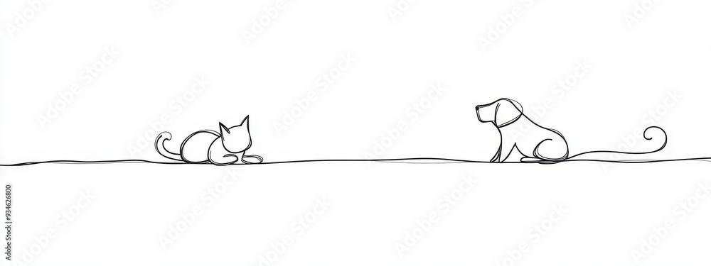 Fototapeta Dog cat line pet animal art continuous outline illustration drawing. Cat line simple dog icon silhouette background one sketch logo puppy vet companion doodle canine card business linear minimal.