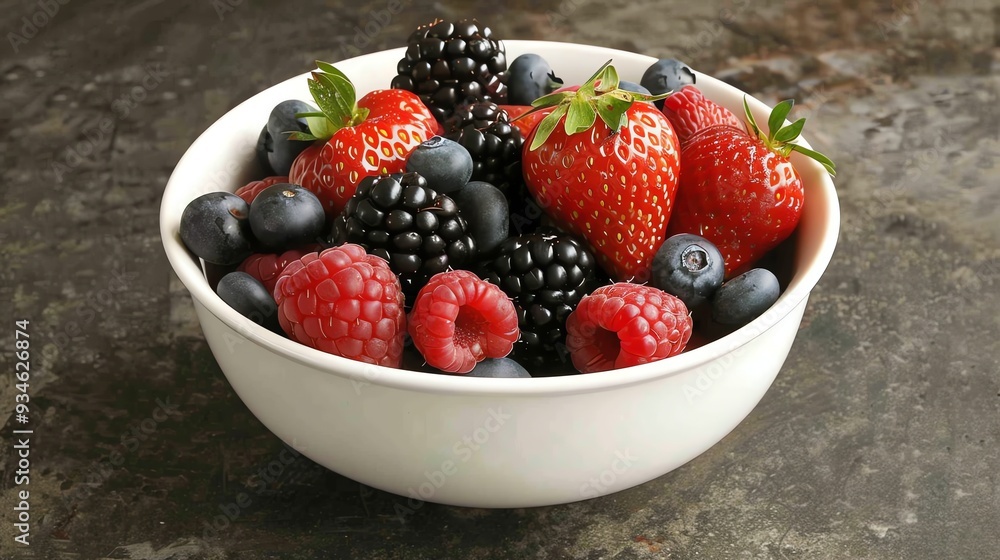 A white bowl filled with a mix of fresh berries. A white bowl filled with a mix of fresh berries.
