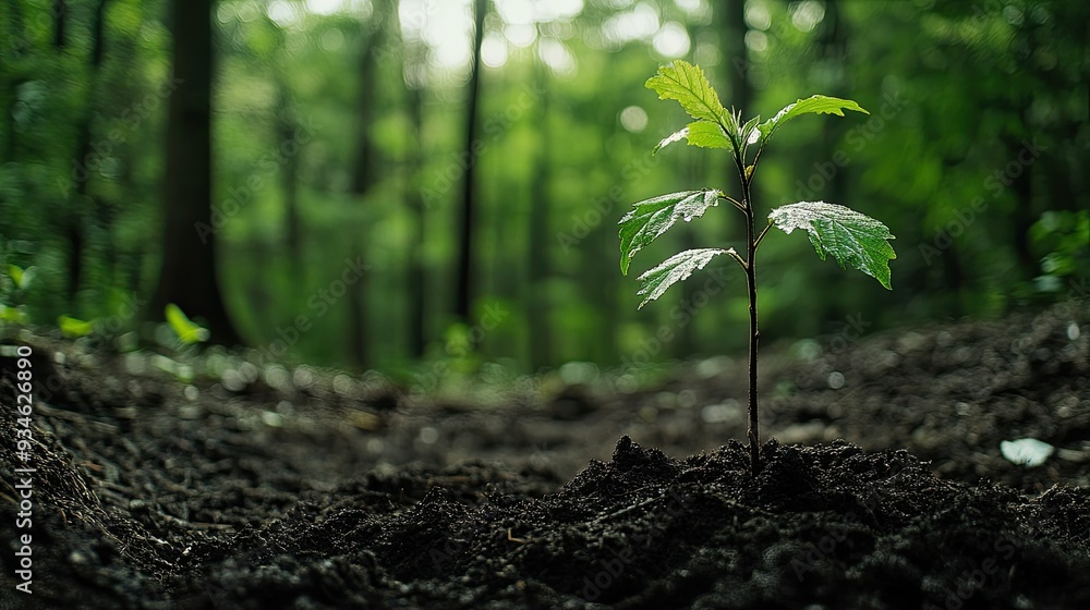 A young tree sapling planted in dark, moist soil, with a forested background bathed in natural light. A young tree sapling planted in dark, moist soil, with a forested background bathed in natural light.