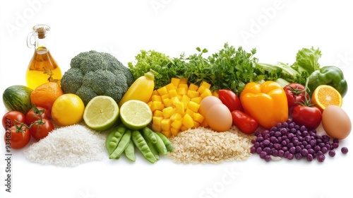 An assortment of vibrant vegetables, eggs, fruit, rice, and oil on a white background. A colorful display of the five main food groups.