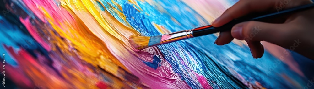 Fototapeta premium Artistic expression with a painter creating a colorful abstract piece, capturing the energy and creativity of the process, Artistic, Bright, Dynamic