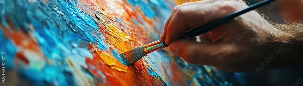Fototapeta premium Artistic expression with a painter creating a colorful abstract piece, capturing the energy and creativity of the process, Artistic, Bright, Dynamic