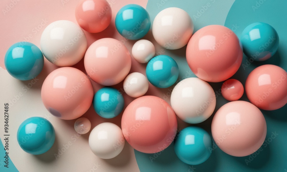 an abstract composition with a dual-toned pink and turquoise background and a collection of matte orbs varying in hues from salmon to ivory. an abstract composition with a dual-toned pink and turquoise background and a collection of matte orbs varying in hues from salmon to ivory.