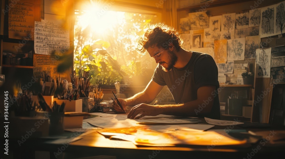 Artistic lifestyle with an artist working in a sunlit studio, surrounded by sketches, paints, and inspiration, Creative, Warm, Detailed Artistic lifestyle with an artist working in a sunlit studio, surrounded by sketches, paints, and inspiration, Creative, Warm, Detailed
