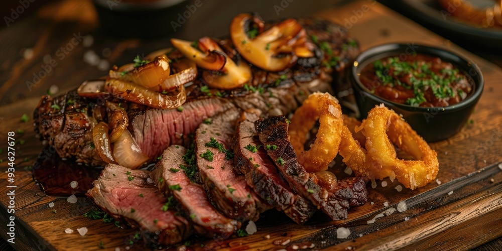 Fototapeta premium Dry aged Wagyu porterhouse steak with chanterelles and onion rings on a rustic board