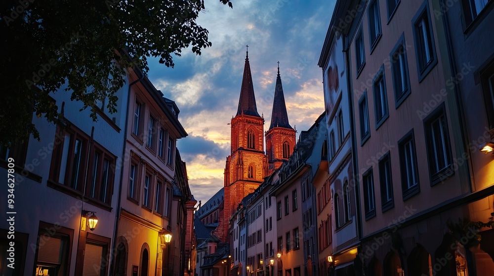 Naklejka premium An evening at the Mainz Cathedral, with the Gothic architecture glowing softly under the evening lights, and the sky transitioning from day to night.