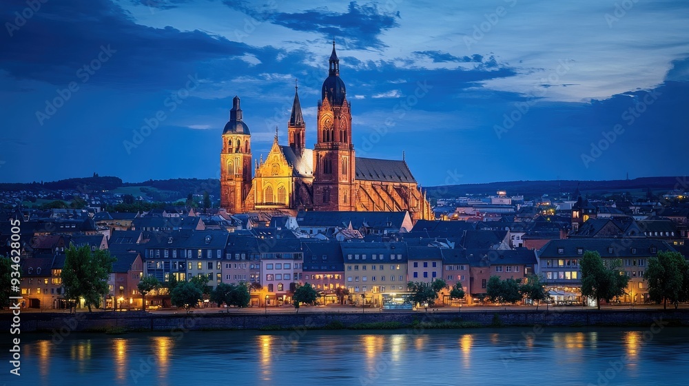 Naklejka premium An evening view of the Mainz Cathedral, where the historic structure is illuminated against a deepening blue sky, and the city begins to light up for the night.