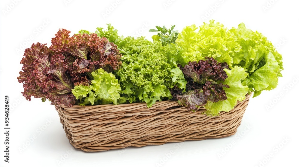 Basket brimming with fresh green and red lettuce, isolated on a white background. The colorful, crisp leaves highlight the appeal of organic, healthy vegetables. Basket brimming with fresh green and red lettuce, isolated on a white background. The colorful, crisp leaves highlight the appeal of organic, healthy vegetables.