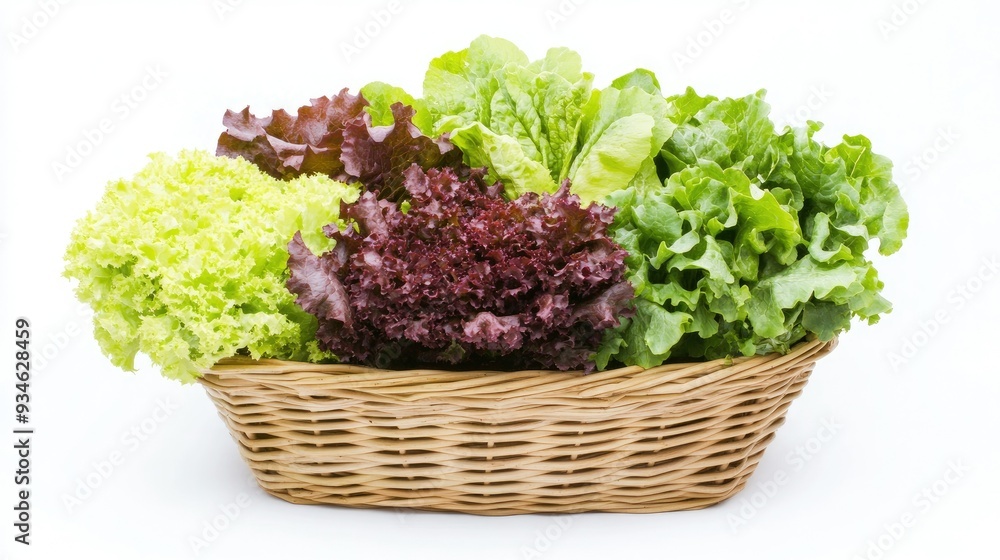 Basket brimming with fresh green and red lettuce, isolated on a white background. The colorful, crisp leaves highlight the appeal of organic, healthy vegetables. Basket brimming with fresh green and red lettuce, isolated on a white background. The colorful, crisp leaves highlight the appeal of organic, healthy vegetables.