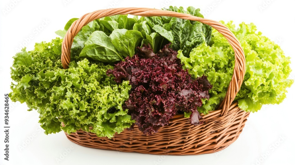 Basket brimming with fresh green and red lettuce, isolated on a white background. The colorful, crisp leaves highlight the appeal of organic, healthy vegetables. Basket brimming with fresh green and red lettuce, isolated on a white background. The colorful, crisp leaves highlight the appeal of organic, healthy vegetables.