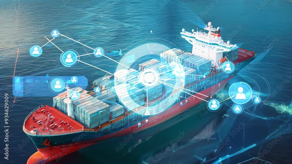 A digital representation of global shipping logistics with a cargo ship ...