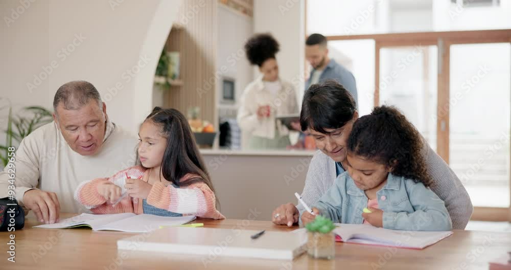 Grandparents, grandchildren and writing homework with learning, talking and helping for education at dining table. Family, senior man and woman with girls for homeschooling, communication and care Grandparents, grandchildren and writing homework with learning, talking and helping for education at dining table. Family, senior man and woman with girls for homeschooling, communication and care