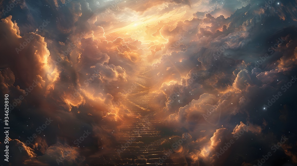 Stairway Through Clouds Leading To Heavenly Light. Stairway Through Clouds Leading To Heavenly Light.