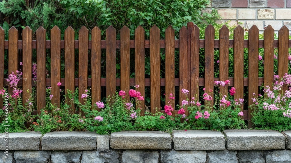 Brown picket fence with concrete and brick wall in a garden setting. Strong, hard material with a natural wood stain, adding charm to outdoor space. Brown picket fence with concrete and brick wall in a garden setting. Strong, hard material with a natural wood stain, adding charm to outdoor space.