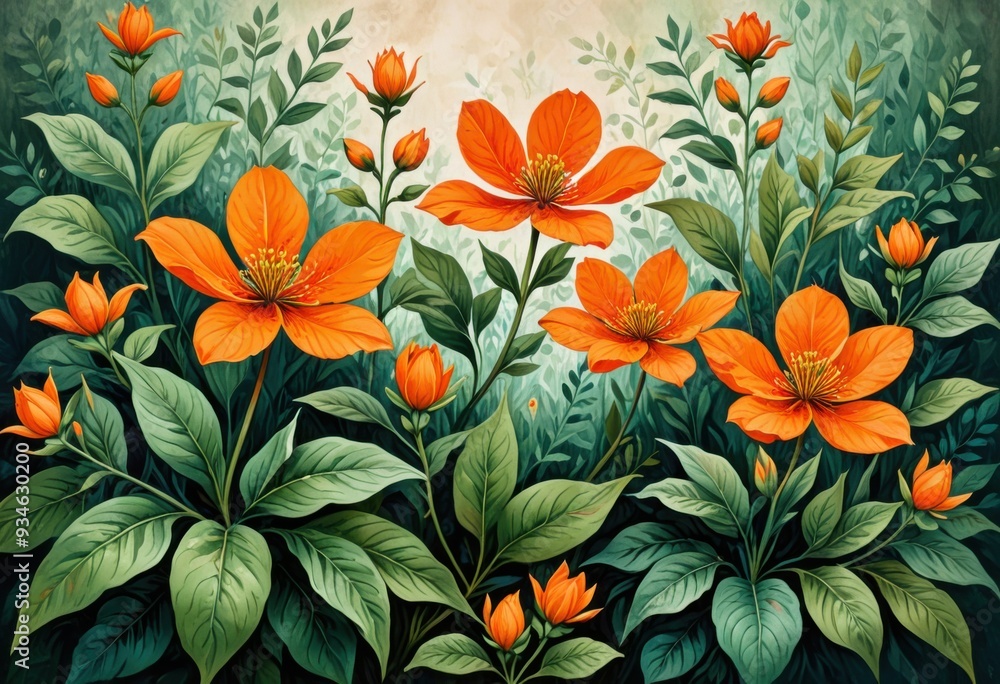 an artwork depicting abstract flora with vibrant orange blooms and rich green foliage, incorporating a grainy, aged paper effect to evoke a retro feel. an artwork depicting abstract flora with vibrant orange blooms and rich green foliage, incorporating a grainy, aged paper effect to evoke a retro feel.