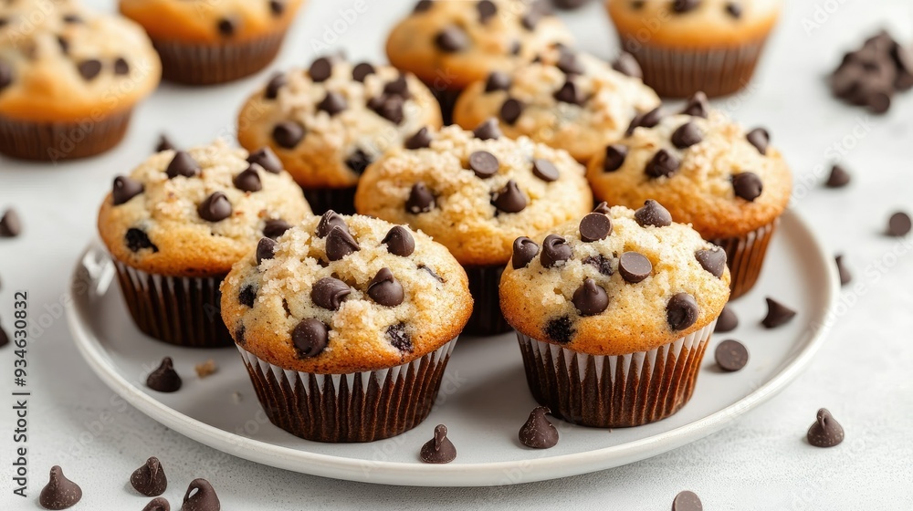 Chocolate chip muffins arranged on a plate with a light gray background. Crumbs and chocolate chips scattered around for a casual look. Chocolate chip muffins arranged on a plate with a light gray background. Crumbs and chocolate chips scattered around for a casual look.