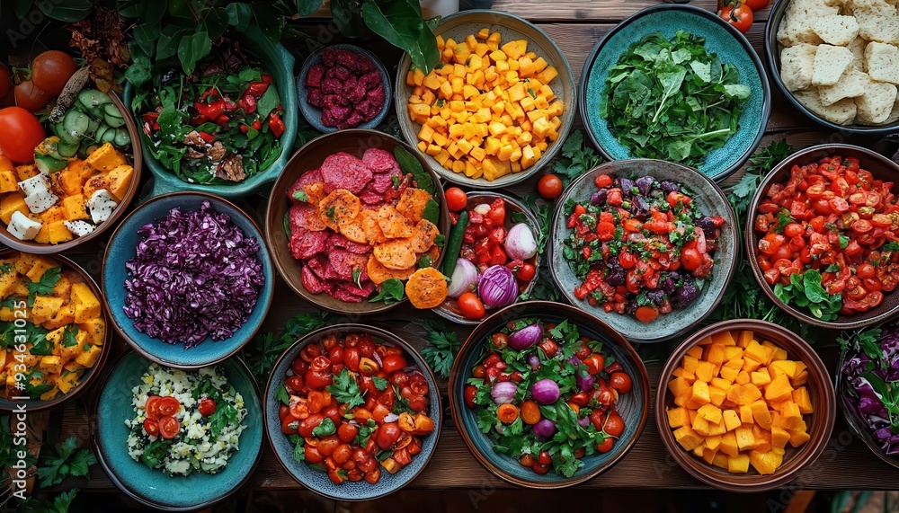 Healthy diet with a table full of colorful, nutritious dishes, capturing the essence of healthy eating, Vibrant, Bright, Detailed Healthy diet with a table full of colorful, nutritious dishes, capturing the essence of healthy eating, Vibrant, Bright, Detailed