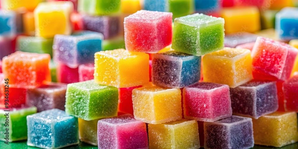 Colorful candy cubes stacked on top of each other with a background of sweet candies Colorful candy cubes stacked on top of each other with a background of sweet candies