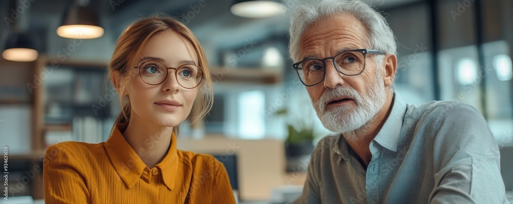 Elderly mentor guiding a young entrepreneur in a modern office, symbolizing intergenerational support Elderly mentor guiding a young entrepreneur in a modern office, symbolizing intergenerational support