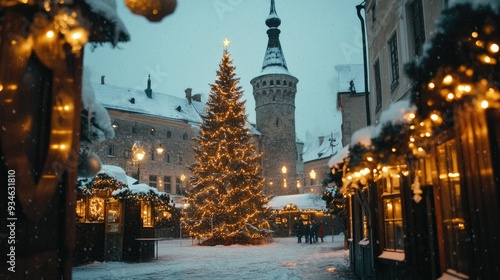 Christmas magic in Tallinn's Town Hall Square, featuring a beautifully decorated Christmas tree, twinkling lights, and snow-covered medieval buildings.
