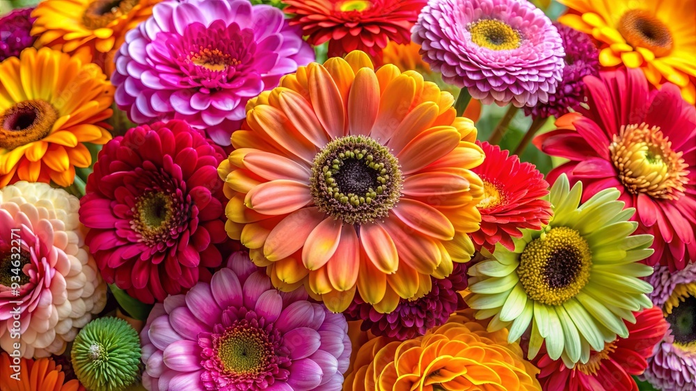 A vibrant close-up composition of colorful gerbera daisies, zinnias, and dahlias in a spring bloom bouquet A vibrant close-up composition of colorful gerbera daisies, zinnias, and dahlias in a spring bloom bouquet