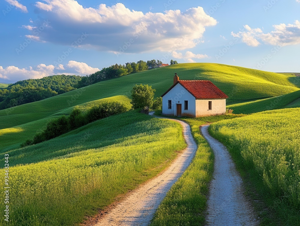 Rural landscape with rolling hills and a small farmhouse under a bright blue sky, Natural, Warm Tones, Wide Angle Rural landscape with rolling hills and a small farmhouse under a bright blue sky, Natural, Warm Tones, Wide Angle