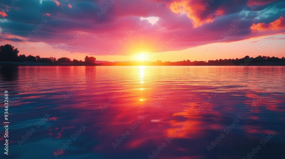 Scenic sunset over a tranquil lake, with vivid colors reflecting on the water, Peaceful, Warm Tones, Wide Shot Scenic sunset over a tranquil lake, with vivid colors reflecting on the water, Peaceful, Warm Tones, Wide Shot