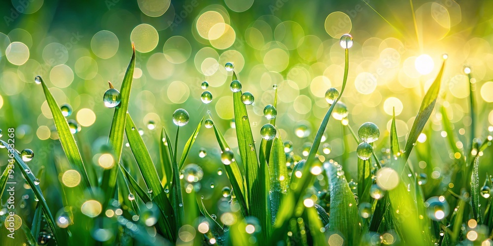 Obraz premium Morning dew droplets glistening on vibrant green grass with sunlight reflections, macro shot capturing the freshness of nature