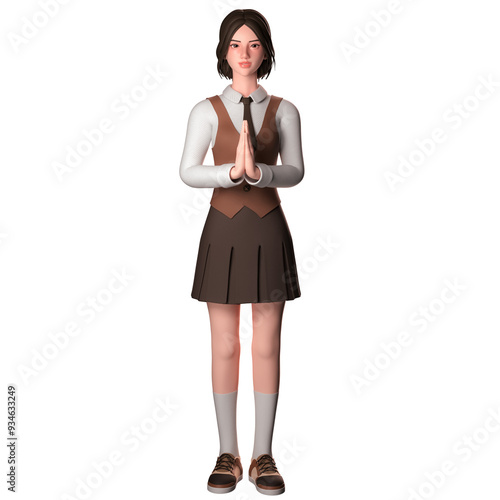 Cute girl in formal wear doing greeting or welcome gesture, namaste pose, 3D character render