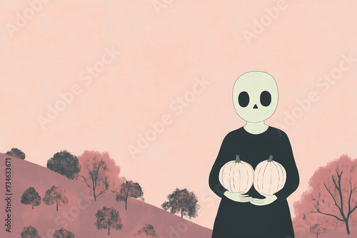 Minimalist Skeleton Holding Pumpkins in a Pastel Landscape