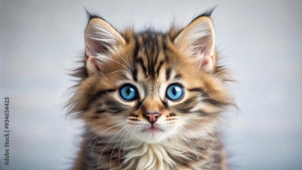 Close up of an adorable tabby kitten with big blue eyes, fluffy fur Close up of an adorable tabby kitten with big blue eyes, fluffy fur