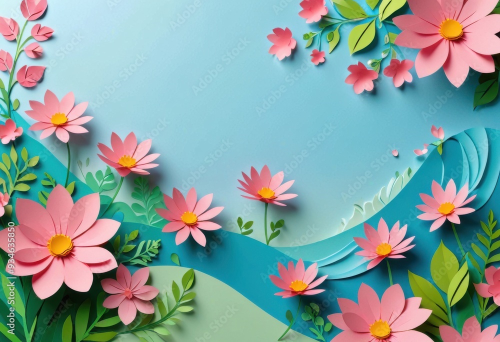 spring with stylized paper cut-out flowers in various shades of pink and accompanying green leaves spilling from a swirling pastel blue wave on a gradient sky-blue background spring with stylized paper cut-out flowers in various shades of pink and accompanying green leaves spilling from a swirling pastel blue wave on a gradient sky-blue background