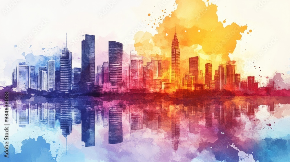 Fototapeta premium A vibrant watercolor skyline reflecting colorful hues at sunrise, showcasing modern architecture and urban beauty.