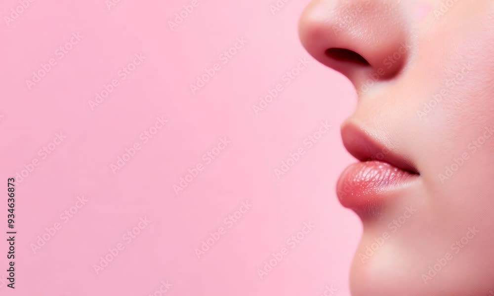 Close-up of lips with natural makeup on pink background Close-up of lips with natural makeup on pink background