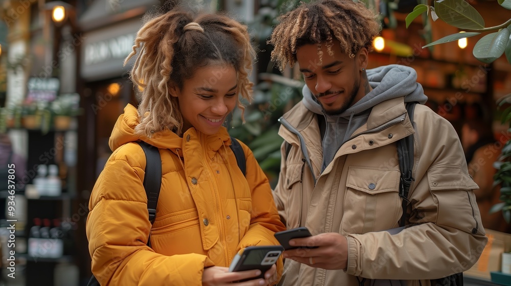 Fototapeta premium Young Couple Enjoying a Casual Moment Together While Using Mobile Phones in a Cozy Urban Setting